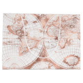 ばら色の金ゴールドのピンクの金属のグリッターの旧式な世界地図 ラージペーパーバッグ (裏面)
