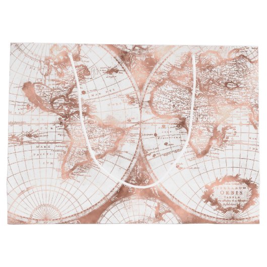 ばら色の金ゴールドのピンクの金属のグリッターの旧式な世界地図 ラージペーパーバッグ (裏面)