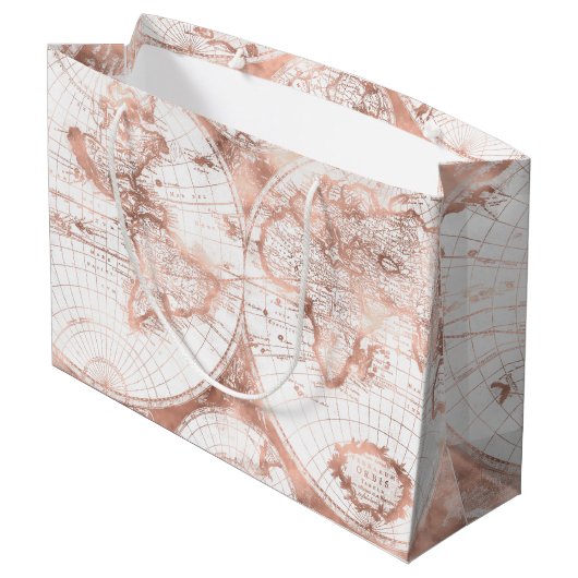 ばら色の金ゴールドのピンクの金属のグリッターの旧式な世界地図 ラージペーパーバッグ (裏面アングル)