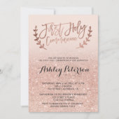 ばら色の金ゴールドのフェイクなグリッターのピンクのグラデーションな最初聖餐 招待状 (正面)