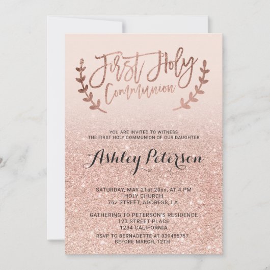 ばら色の金ゴールドのフェイクなグリッターのピンクのグラデーションな最初聖餐 招待状 (正面)