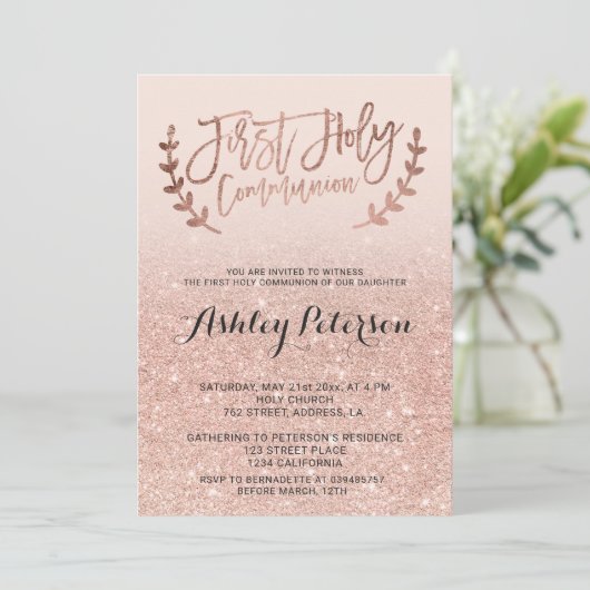 ばら色の金ゴールドのフェイクなグリッターのピンクのグラデーションな最初聖餐 招待状 (スタンド正面)