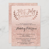 ばら色の金ゴールドのフェイクなグリッターのピンクのグラデーションな最初聖餐 招待状 (正面/裏面)