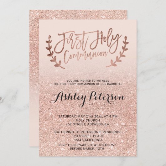 ばら色の金ゴールドのフェイクなグリッターのピンクのグラデーションな最初聖餐 招待状 (正面/裏面)