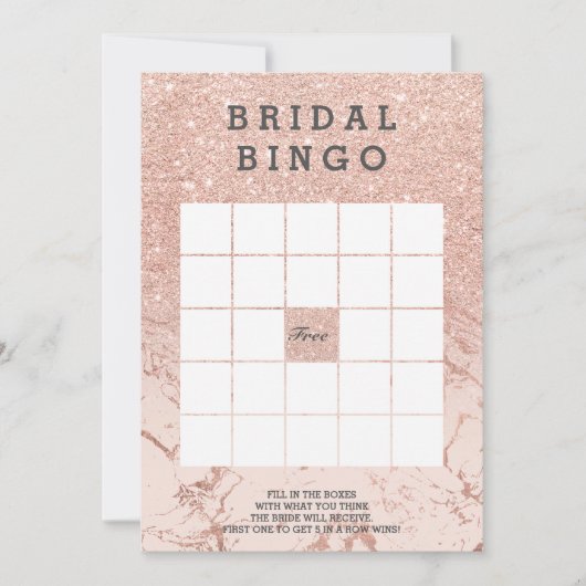 ばら色の金ゴールドのフェイクなグリッターのピンクの花嫁の大理石のビンゴ 招待状 (正面)