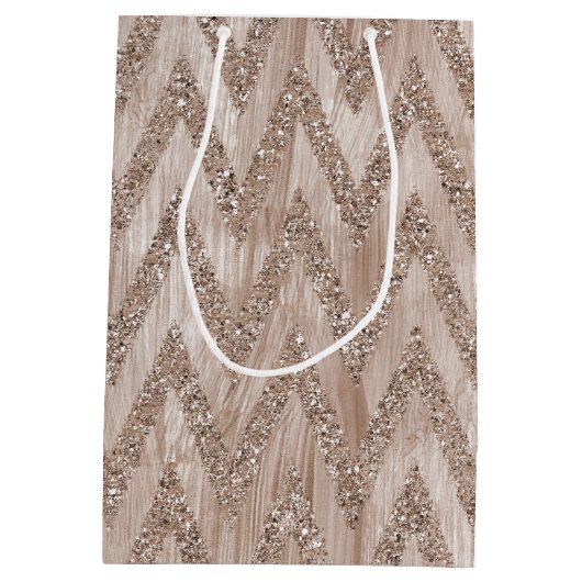 ばら色の金ゴールドのフェイクなグリッターのペンキシェブロンは縞で飾ります ミディアムペーパーバッグ (裏面)