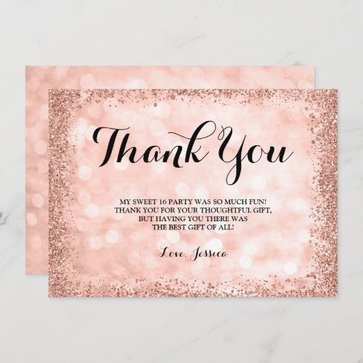 ばら色の金ゴールドのフェイクなグリッターは菓子16をつけます サンキューカード (正面/裏面)