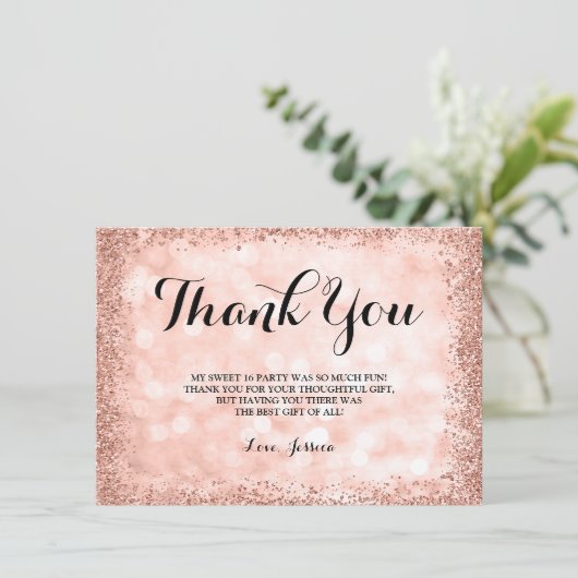 ばら色の金ゴールドのフェイクなグリッターは菓子16をつけます サンキューカード (スタンド正面)