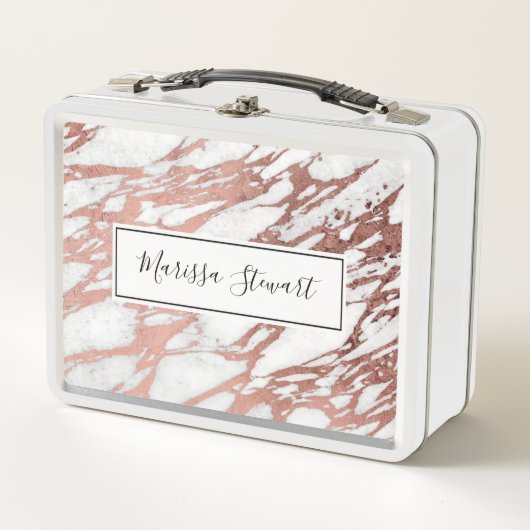 ばら色の金ゴールドのフェイクなホイルおよび白い大理石パターン メタルランチボックス (正面)
