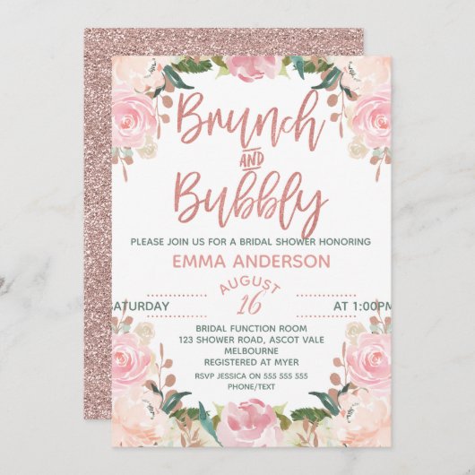 ばら色の金ゴールドのブランチの快活な花の花嫁の招待状 招待状 (正面/裏面)