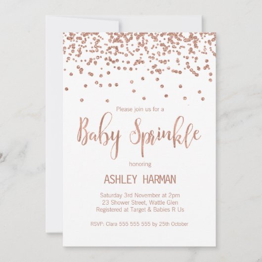 ばら色の金ゴールドのベビーはベビーシャワーの招待状を振りかけます 招待状 (正面)