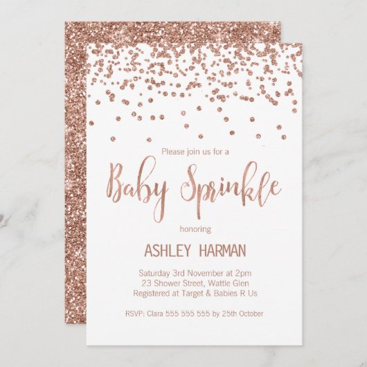 ばら色の金ゴールドのベビーはベビーシャワーの招待状を振りかけます 招待状 (正面/裏面)