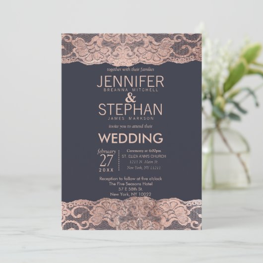 ばら色の金ゴールドのレースおよび濃紺の結婚式招待状 招待状 (スタンド正面)