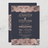 ばら色の金ゴールドのレースおよび濃紺の結婚式招待状 招待状 (正面/裏面)