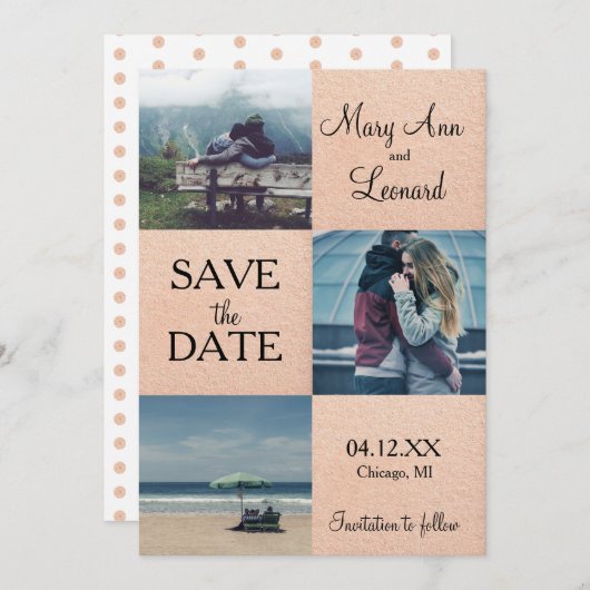 ばら色の金ゴールドの保存日付の写真カード セーブザデート (正面/裏面)