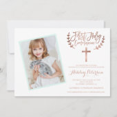 ばら色の金ゴールドの十字のミントの写真の最初聖餐式2 招待状 (正面)