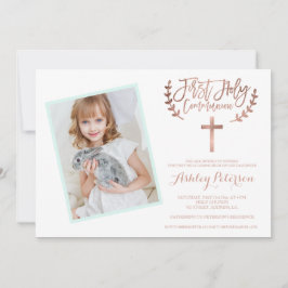 ばら色の金ゴールドの十字のミントの写真の最初聖餐式2 招待状