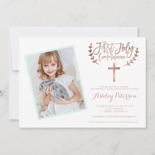 ばら色の金ゴールドの十字のミントの写真の最初聖餐式2 招待状 (正面)