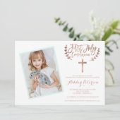 ばら色の金ゴールドの十字のミントの写真の最初聖餐式2 招待状 (スタンド正面)