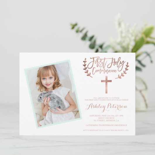 ばら色の金ゴールドの十字のミントの写真の最初聖餐式2 招待状 (スタンド正面)