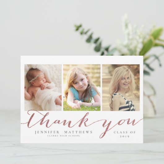 ばら色の金ゴールドの原稿3の写真の卒業は感謝していしています サンキューカード (スタンド正面)