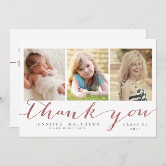 ばら色の金ゴールドの原稿3の写真の卒業は感謝していしています サンキューカード (正面/裏面)