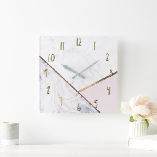 ばら色の金ゴールドの大理石の渦巻及び赤面のピンクの青銅色の魅力 スクエア壁時計 (ホーム)