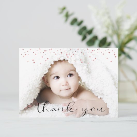 ばら色の金ゴールドの女の子のベビーシャワーは写真感謝していしています + 文字 サンキューカード (スタンド正面)