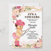 ばら色の金ゴールドの女性のカーボーイのベビーシャワーのレース 招待状 (正面)