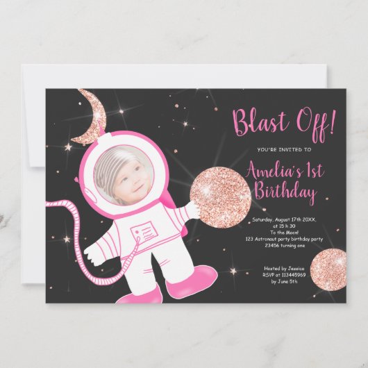 ばら色の金ゴールドの宇宙飛行士の女の子のピンクの第1誕生会 招待状 (正面)