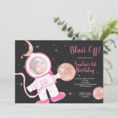 ばら色の金ゴールドの宇宙飛行士の女の子のピンクの第1誕生会 招待状 (スタンド正面)