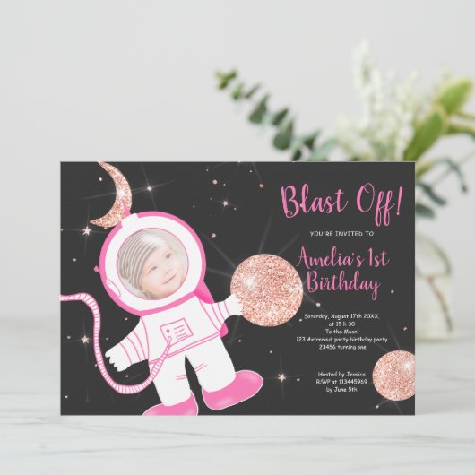 ばら色の金ゴールドの宇宙飛行士の女の子のピンクの第1誕生会 招待状 (スタンド正面)