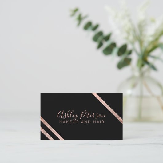 ばら色の金ゴールドの幾何学的でストライプな毛の化粧のタイポグラフィ 名刺 (スタンド正面)