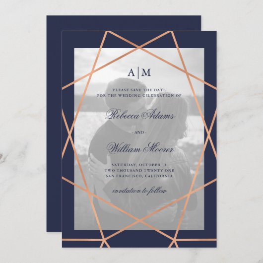 ばら色の金ゴールドの幾何学的な、真夜中の青|の写真 セーブザデート (正面/裏面)