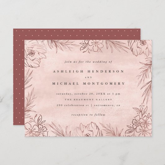 ばら色の金ゴールドの手描きの群葉の水彩画の結婚式 インビテーションポストカード (正面/裏面)