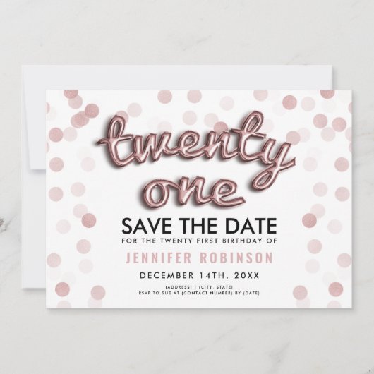 ばら色の金ゴールドの気球のグリッターの第21誕生日 招待状 (正面)