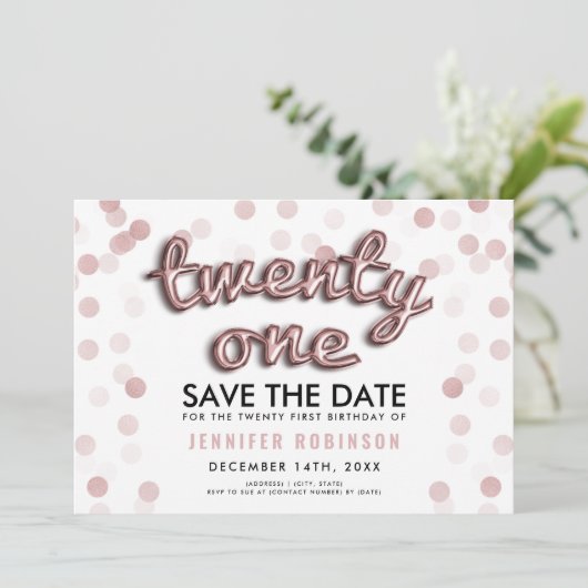 ばら色の金ゴールドの気球のグリッターの第21誕生日 招待状 (スタンド正面)