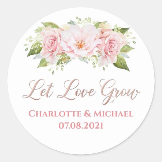 ばら色の金ゴールドの水彩画の花は愛が結婚式を育てるようにしました ラウンドシール (正面)
