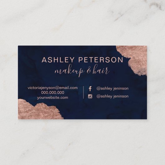 ばら色の金ゴールドの水彩画海軍毛の化粧のタイポグラフィ 名刺 (裏面)