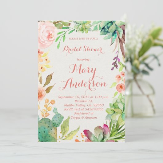ばら色の金ゴールドの水気が多い花のサボテンの招待状 招待状 (スタンド正面)