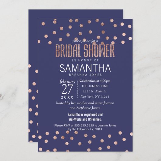 ばら色の金ゴールドの水玉模様の軽い濃紺のブライダルシャワー 招待状 (正面/裏面)