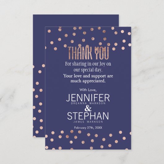 ばら色の金ゴールドの水玉模様の軽い濃紺は感謝していしています サンキューカード (正面/裏面)