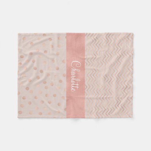 ばら色の金ゴールドの水玉模様パターン|シェブロンモノグラム フリースブランケット (正面(横))