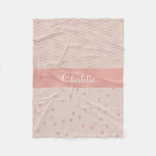 ばら色の金ゴールドの水玉模様パターン|シェブロンモノグラム フリースブランケット (正面)