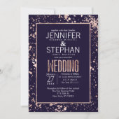 ばら色の金ゴールドの濃紺のペンキは結婚式の招待をはね飛ばします 招待状 (正面)
