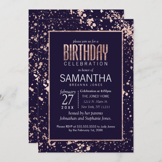 ばら色の金ゴールドの濃紺のペンキは誕生会をはね飛ばします 招待状 (正面/裏面)