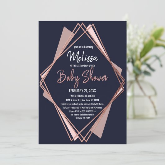 ばら色の金ゴールドの濃紺の藤色の幾何学的なベビーシャワー 招待状 (スタンド正面)