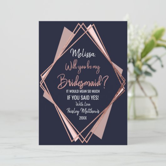 ばら色の金ゴールドの濃紺の藤色の幾何学的な新婦付添人 招待状 (スタンド正面)