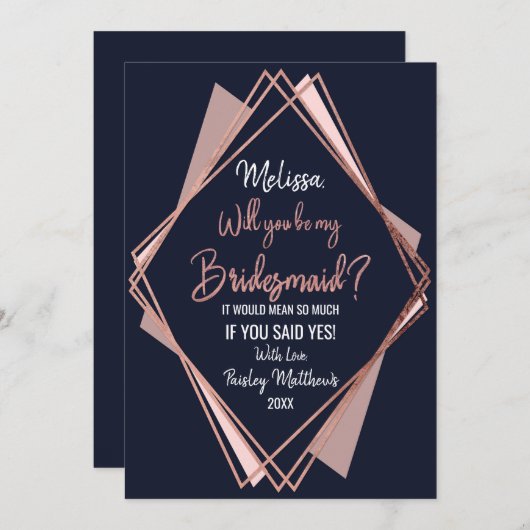 ばら色の金ゴールドの濃紺の藤色の幾何学的な新婦付添人 招待状 (正面/裏面)