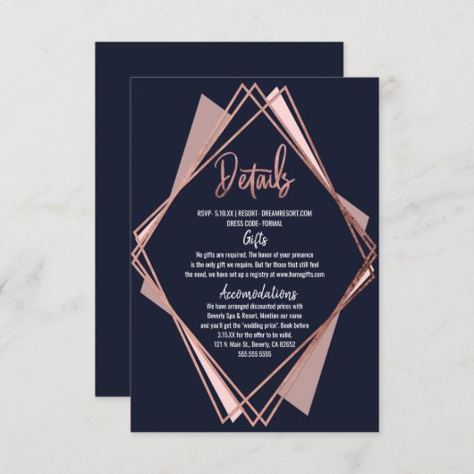 ばら色の金ゴールドの濃紺の藤色の幾何学的な詳細 エンクロージャーカード (正面/裏面)